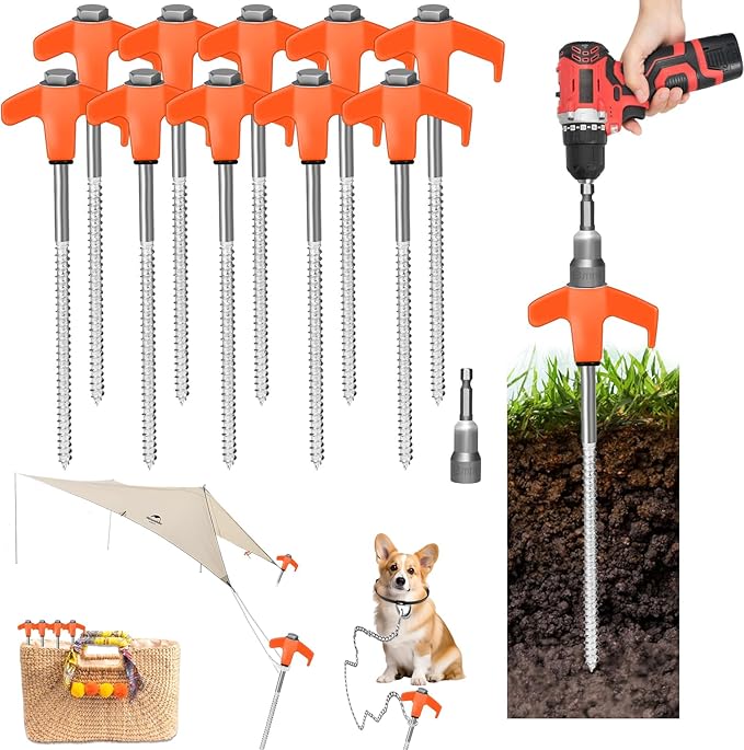 20 Pack 8" Screw in Tent Stakes Heavy Duty- Ground Anchors Screw- Tent Pegs Camping Stakes- Hex Pegs Drillable Tent Stakes and Hexagon Head Drive and Storage Box (Orange)