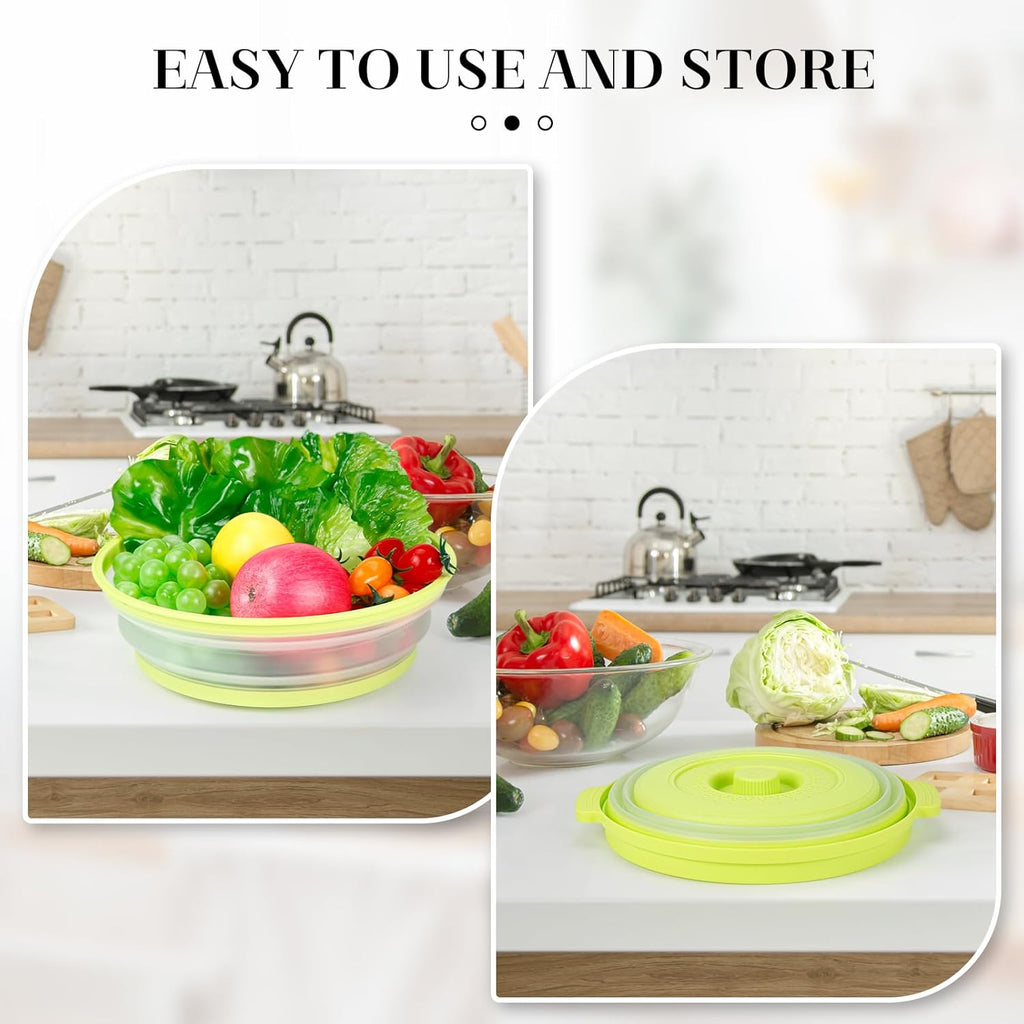 10.7 Inch Microwave Food Cover with Heat Insulation Mat, Anti-Scald Collapsible Microwave Splatter Cover, Multi-Functional as Colander & Fruit Plate, Dishwasher Safe, Ideal for Meal Prep (Green)