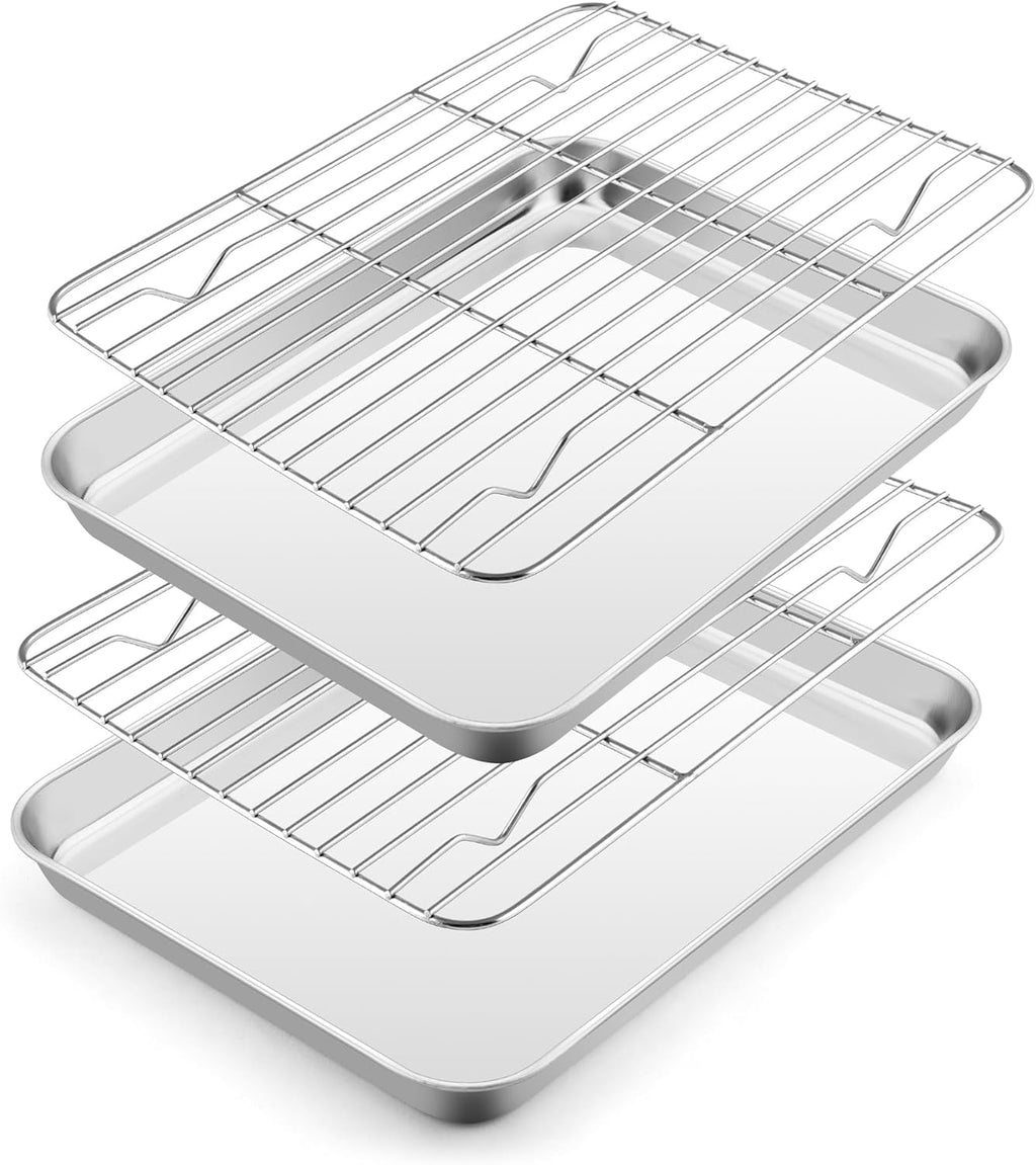 E-far Small Baking Sheet with Wire Rack (2 Pans + 2 Racks), Stainless Steel Cookie Sheets Trays & Cooling Rack for Toaster Oven, Non Toxic & Warp Resistant, Oven & Dishwasher Safe, 10.5 x 8.3 x 1 Inch