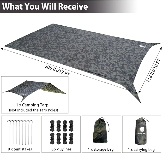 GEERTOP Large Hammokc Rain Fly Shelter 17 x 10ft Waterproof Camping Tarp Awning for Outdoor Backpacking Hiking Survival Travel Camo