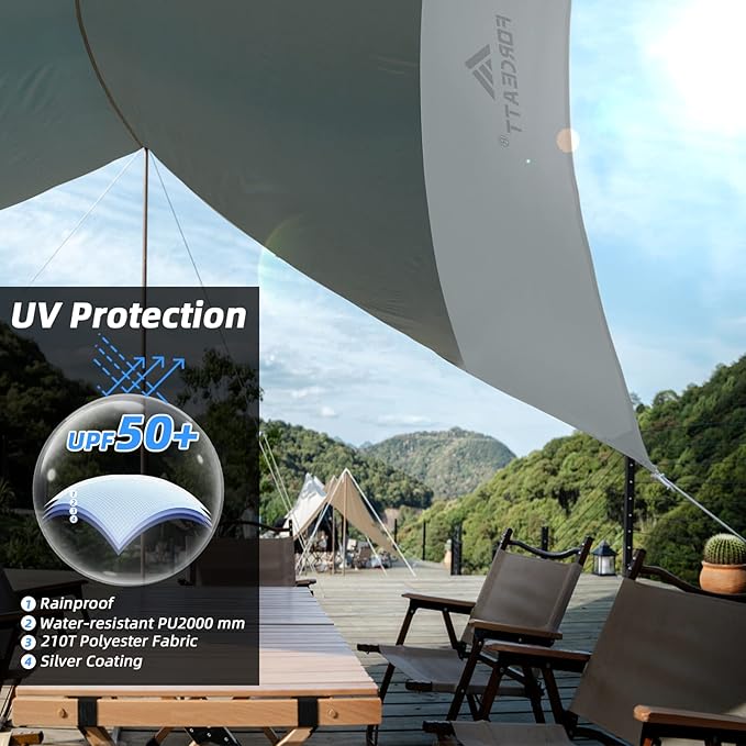 Forceatt 12x14FT Tarp with 2 Poles, Waterproof Anti-UV Camping Tarp Car Awning (UPF50+), Lightweight Sun Shelter for Car, Tent and Hammock in Hiking, Backpacking, Garden and Traveling