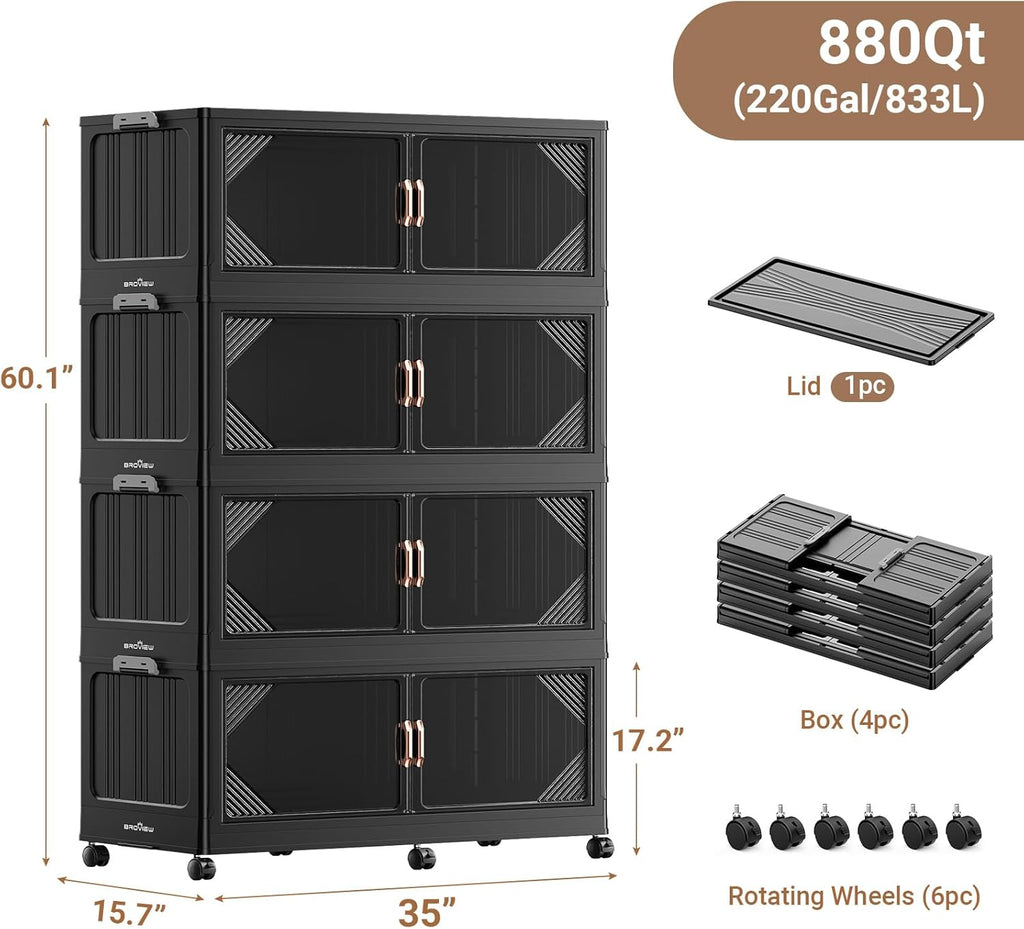 220Gal Plastic Stackable Storage Bins with Lid, 880QT Extra Large Closet Organizers Collapsible Cabinets Boxes With Drawers, Foldable Containers with 6x Wheels for Home Kitchen, V60 4Pack Black