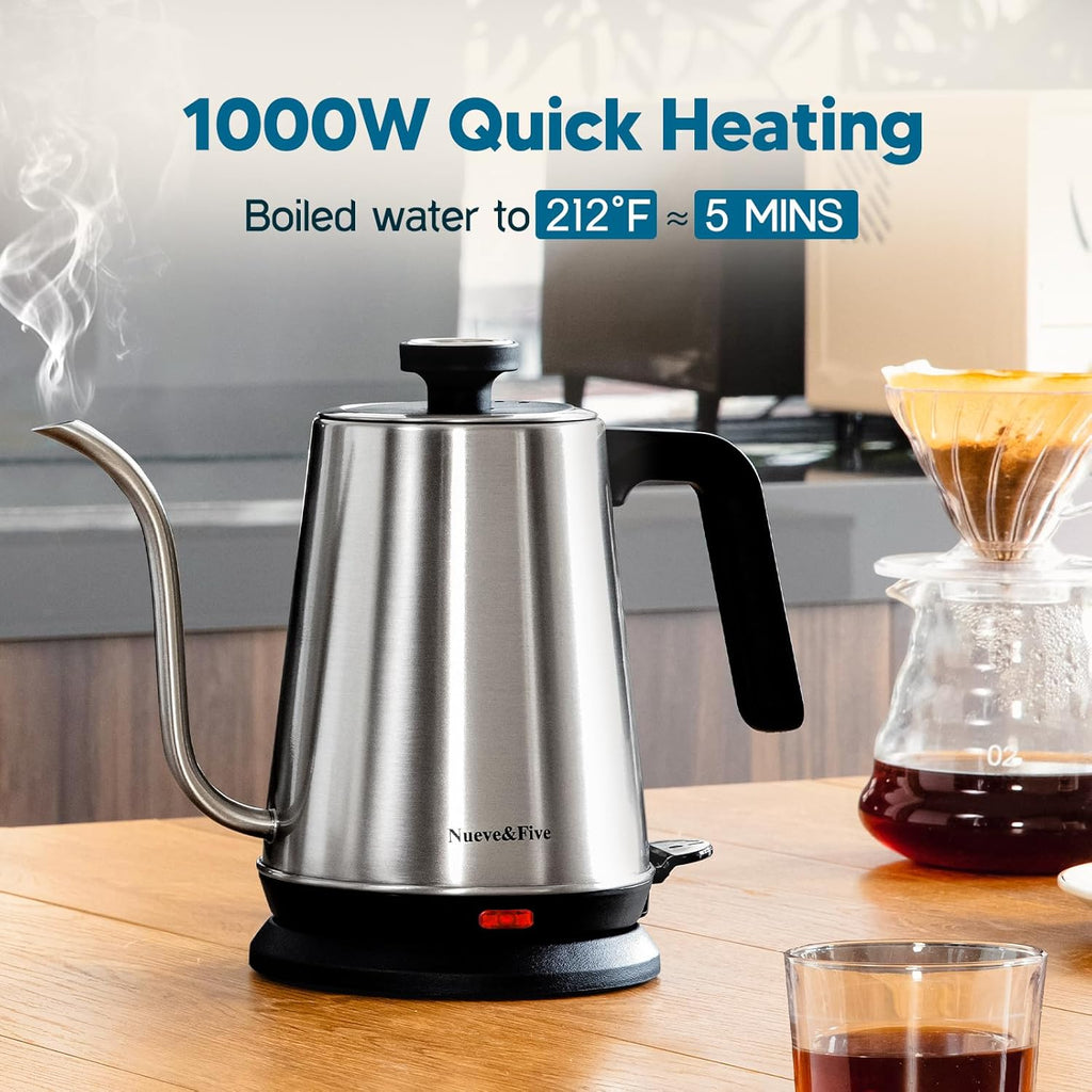Nueve&Five Gooseneck Electric Kettle with Thermometer,Electric Tea Kettle 1L with Auto Shut-Off，1000W Hot Water Kettle of Stainless Steel,Pour Over Kettle for Coffee & Tea -Chrome