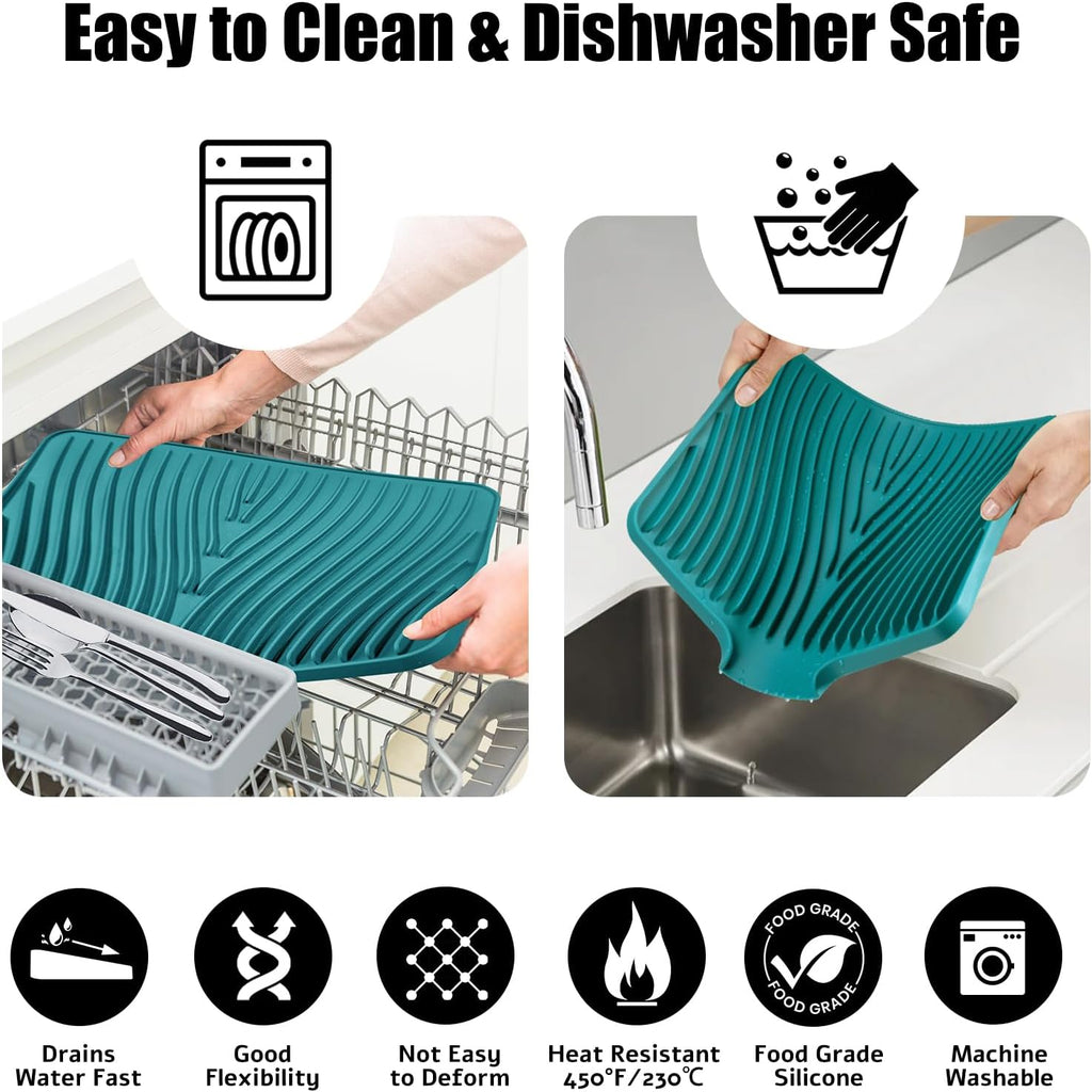 Silicone Dish Drying Mat, Stone Drying Mat for Kitchen Counter with Built-In Drain, Non-Slip Drain Pad with Built-in Drain, Heat Resistant Stone Drying Mat, 1Pcs 19.7" x 17", Green