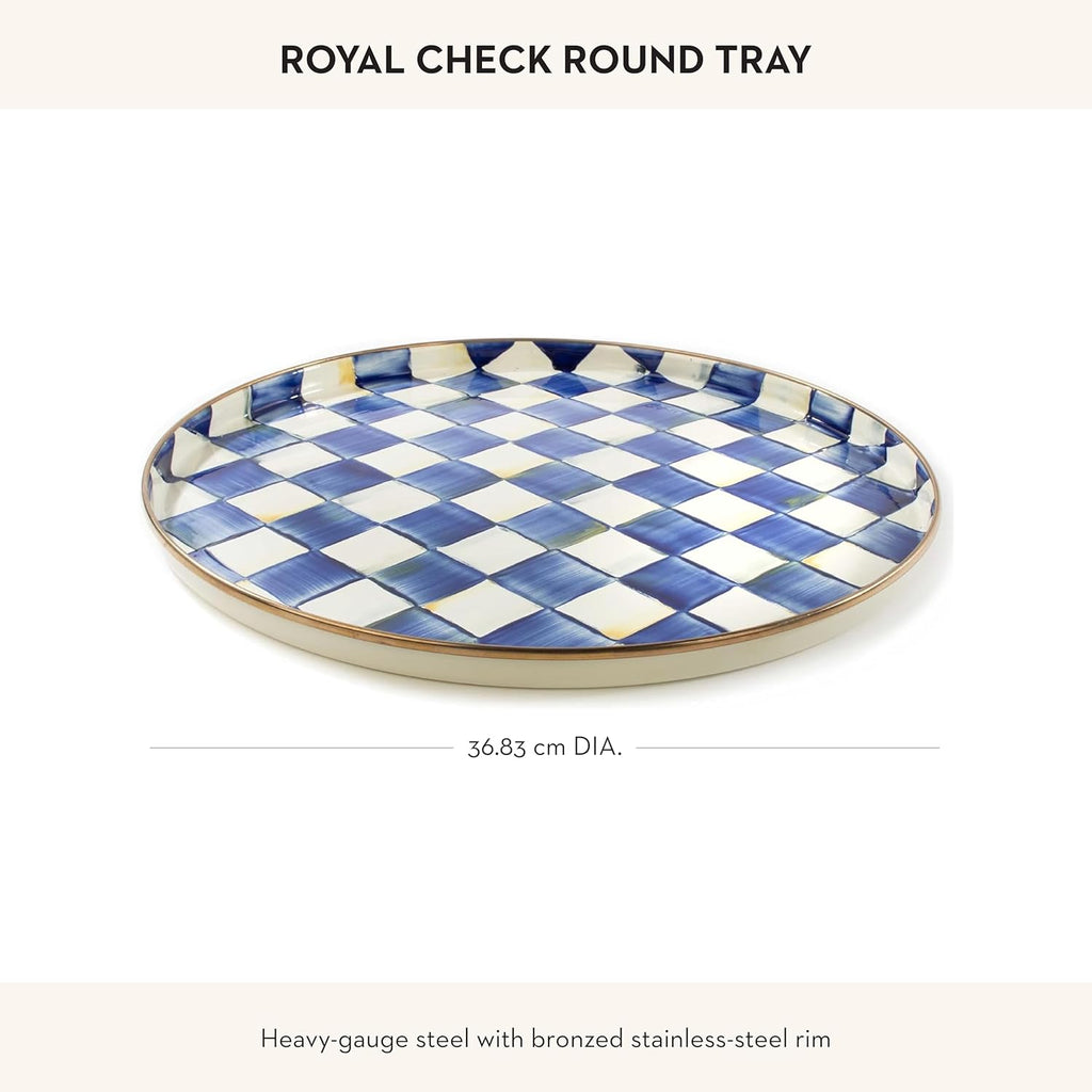 MACKENZIE-CHILDS Enamel Round Tray, Unique Serving Platter for Food and Drinks, Blue-and-White Royal Check