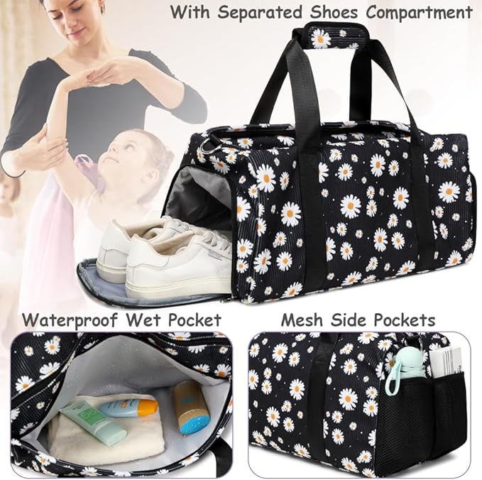 Dance Bag for Girls Gym Bag Sports Duffle Bag with Shoes Compartment Wet Pocket Weekender Overnight Bag for Girls Women Teens Corduroy Daisy Travel Duffle Bag