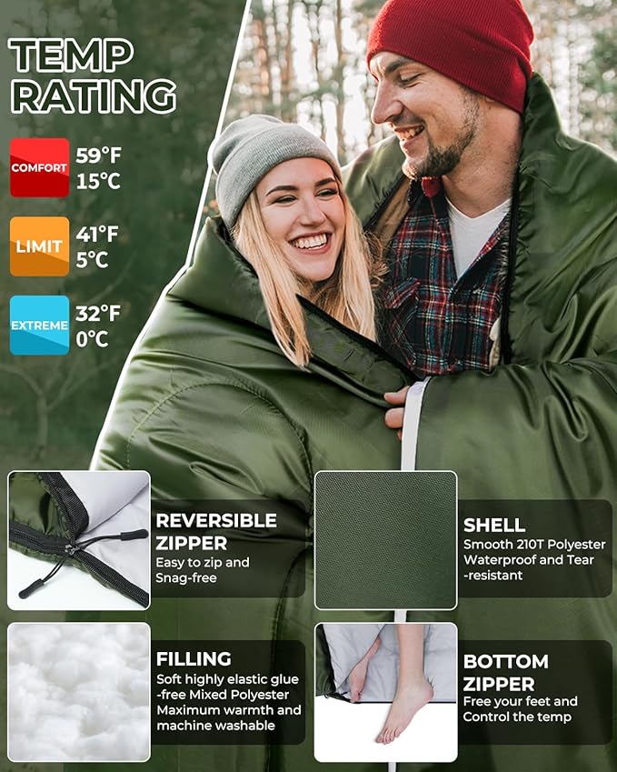 Ohuhu Double Sleeping Bag for Adults with 2 Pillows, Queen Size Two Person Sleeping Bag for Camping Hiking Backpacking 2 Person Sleeping Bags for Cold Weather & Warm