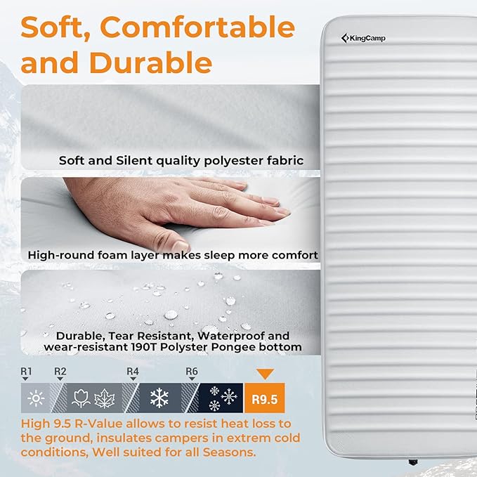 KingCamp Sleeping Pad for Camping, Self Inflating R 9.5 Sleeping Pad for All Seasons, 3" Thick Camping Mattress Mat for Outdoor Tent Cot Car Backpacking, PVC Free (Lightgrey/Charcoal)