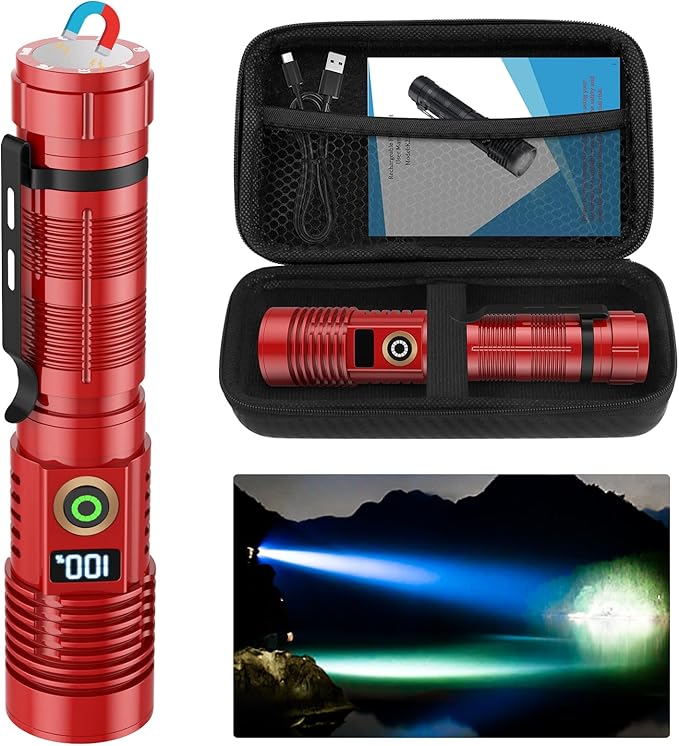 Rechargeable Flashlight High Lumens-12000LM Super Bright Magnetic Flash Light with Power Digital Display,3280Ft Long Range,Dimmable,Waterproof,Pocket Tactical LED Flashlights for Emergency,Red 1PC
