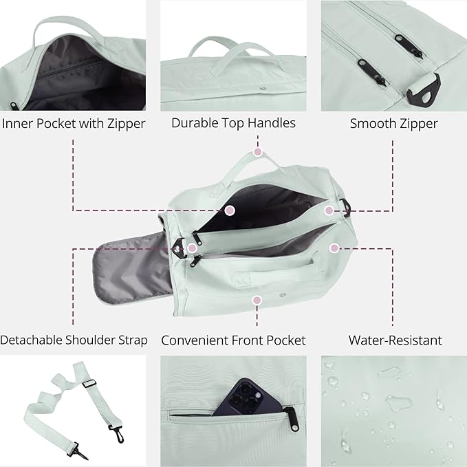 Sports Travel Gym Bag for Women, Workout Duffel Overnight Shoulder with Shoes Compartment and Wet Pocket Ladies Weekend Carry on Luggage Bags for Airplane Beach Mint Green