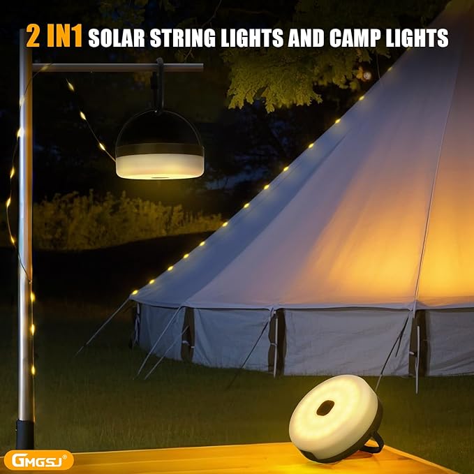 2 PCS Solar Camping String Lights,40.45FT Fairy String Lights with 10 Lighting Modes,Waterproof Camping Lamp with Remote Control,Solar Power and USB Rechargeable Camping Lights for Yard Hiking