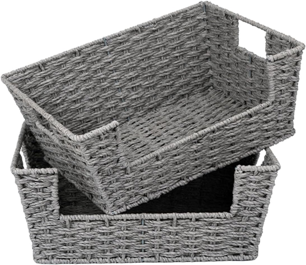 StorageWorks Round Paper Rope Woven Basket for Pantry Organizers and Storage, Stackable Wicker Pantry Baskets for Shelves, Grey, 2-Pack
