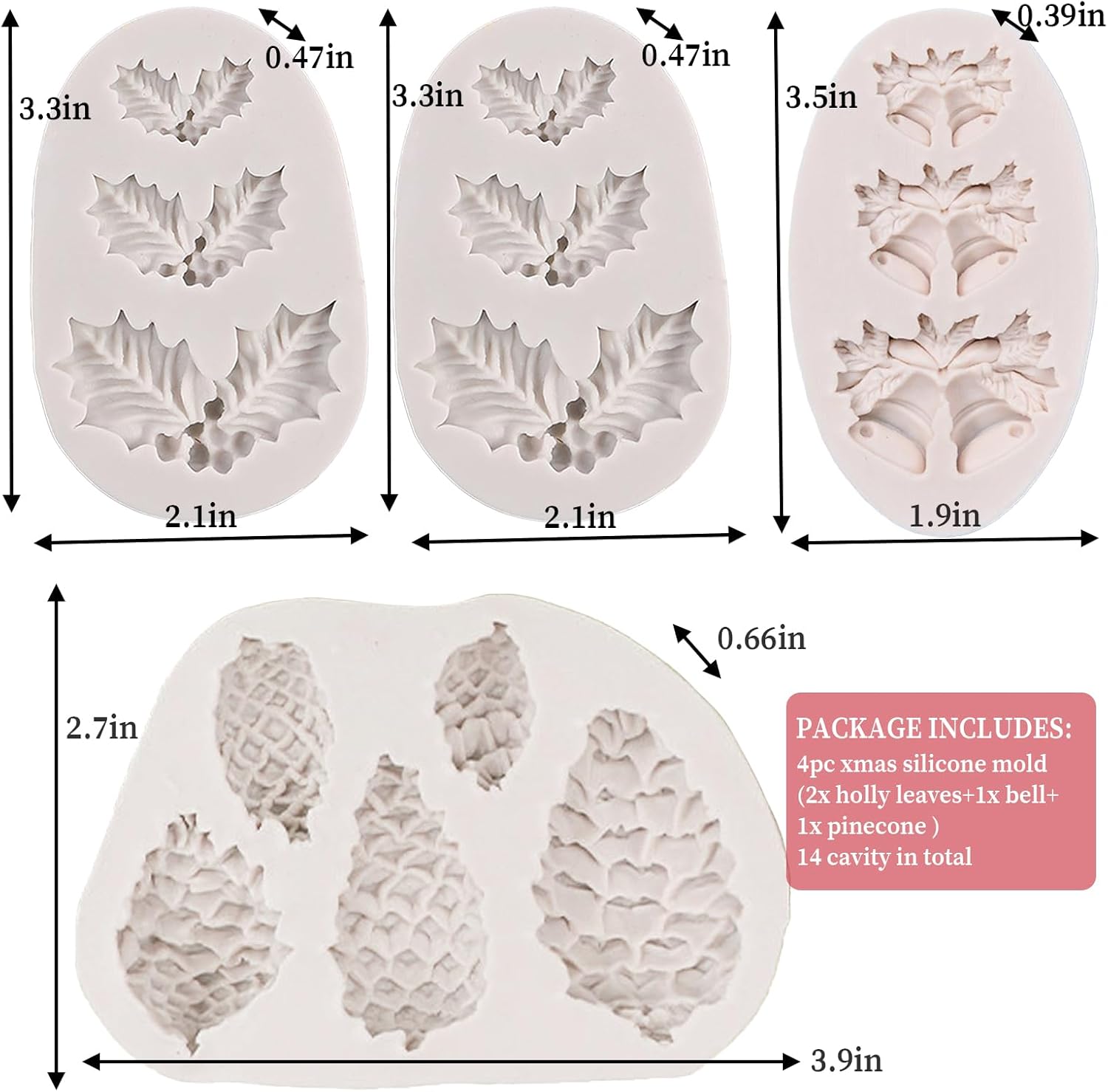 4PCS Christmas Fondant Molds, Christmas Holly Leaves Bells Pinecone Silicone Chocolate Molds, Unique Shape Cake Pop Candy Gummy Molds for Baking, DIY Holiday Dessert Polymer Clay Candle Craft