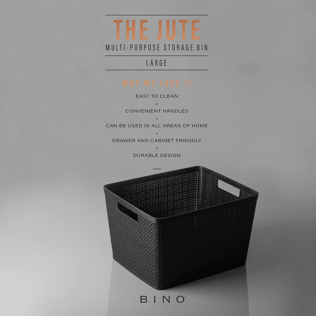 BINO | Woven Plastic Basket | Large (Black), 3-Pack | THE JUTE COLLECTION | Home Organization, Space - Saving Storage, Stylish Design | Jute Basket | Plastic Storage Basket