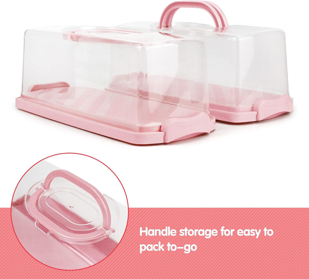 2-Pack Plastic Rectangular Bread Box with Clear Lid, Loaf Cake Keeper, Portable Bread Keeper Storage Container with Handle (Pink)