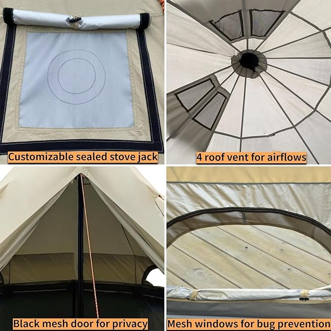 DANCHEL OUTDOOR B2A Waterproof Roomy Interior Yurt Tent, No Center Pole Bell Tent 4/8 Person Family Camping Glamping, 4 Season Hot Tents with Stove Jack 300D Oxford Nylon, 13ft/16.4ft Khaki