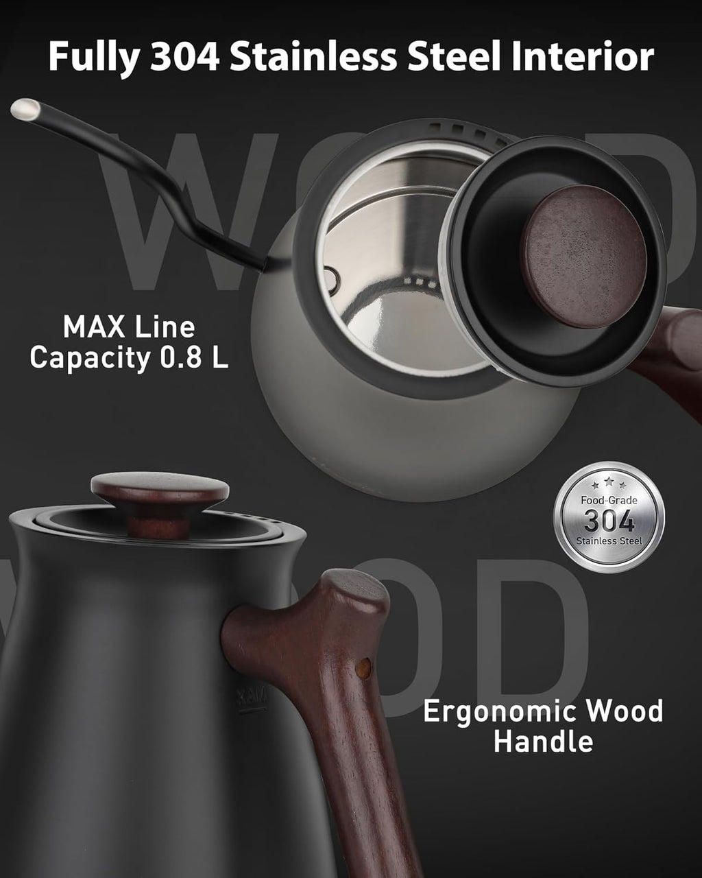 Harriet Gooseneck Electric Kettle - 1200W Fast Heat, 0.8L Stainless Steel, Precision Temp Control & Timer, Wood Handle, Pour Over Coffee and Tea, Black