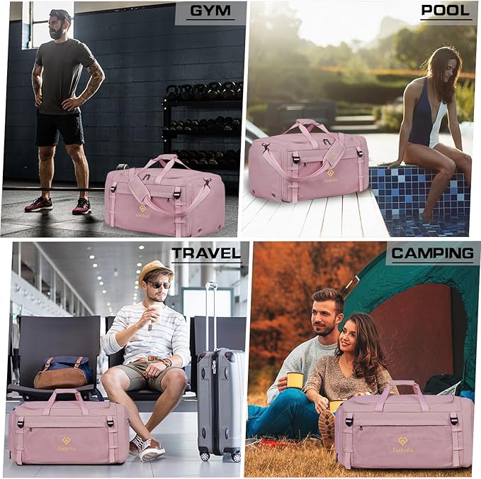Eackrola Large Sports Gym Bag, Travel Duffel bag with Wet Pocket & Shoes Compartment for men women, 65L, Lightweight（Pink）