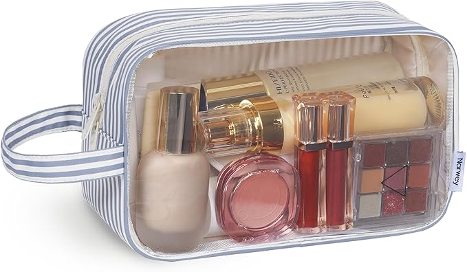 Narwey Striped Clear Makeup Bag Cosmetic Bag with Zipper for Travel, Clear Toiletry Bags for Traveling Toiletries Women Men, Make Up Pouch with Handle, Skincare Bag (Greyish Blue Stripe)