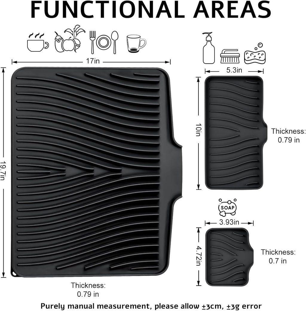 Silicone Dish Drying Mat for Kitchen Counter, Dish Drying Pad, Non-Slip Drain Pad with Built-in Drain, Heat Resistant Stone Drying Mat, 1 set XL(Black)