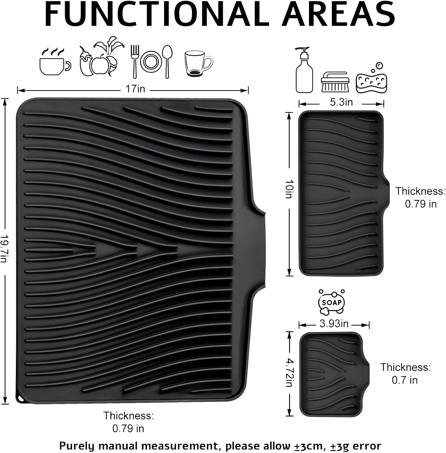 Silicone Dish Drying Mat for Kitchen Counter, Dish Drying Pad, Non-Slip Drain Pad with Built-in Drain, Heat Resistant Stone Drying Mat, 1 set XL(Black)