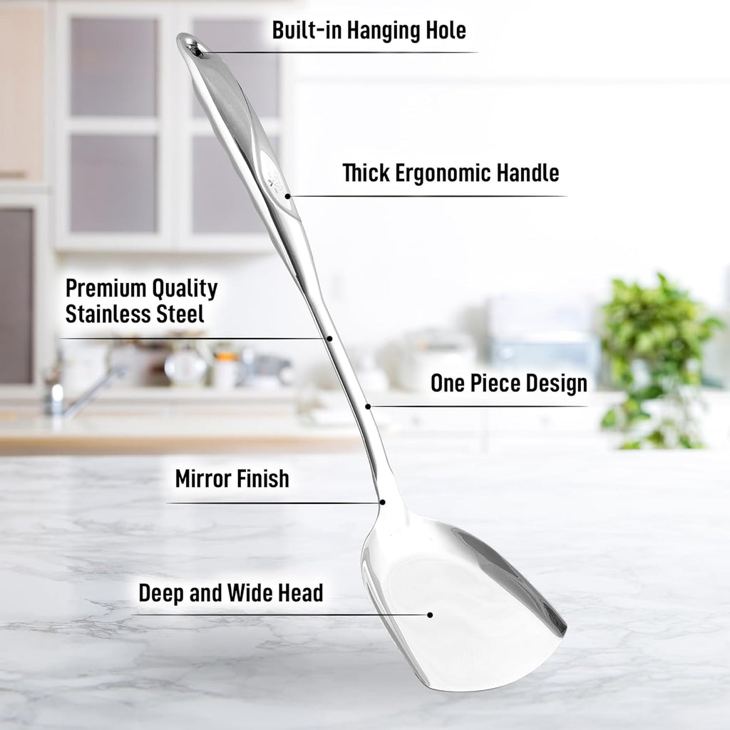 Zulay Kitchen Stainless Steel Metal Wok Spatula - Durable Wok Turner Spatula Shovel - Durable Utensil with Ergonomic, Easy to Use Handle - Easy to Clean, Perfect for at Home Cooks & Chefs - 14.8”