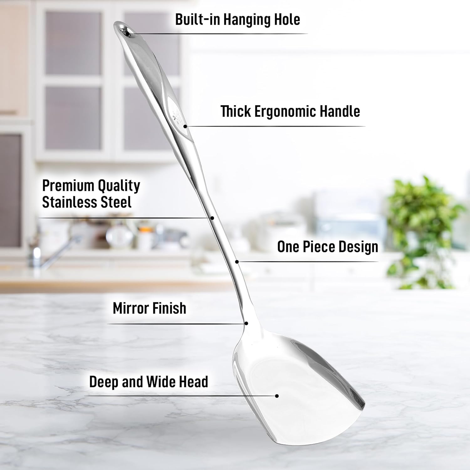 Zulay Kitchen Stainless Steel Metal Wok Spatula - Durable Wok Turner Spatula Shovel - Durable Utensil with Ergonomic, Easy to Use Handle - Easy to Clean, Perfect for at Home Cooks & Chefs - 14.8”