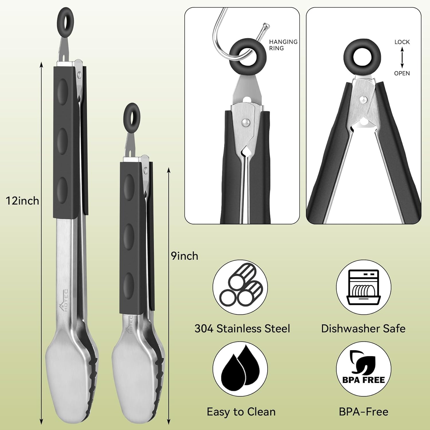 Hotec Stainless Steel Kitchen Tongs Grill Tongs Set of 2-9" and 12", Barbecue Tongs Locking Metal BBQ Kitchen Food Tongs for Cooking Non-Slip Grip