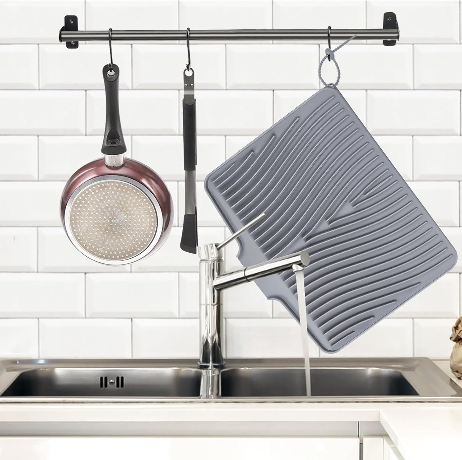 Dish Drying Mat, Stone Drying Mat for Kitchen Counter with Built-in Drain, Non-Slip Drying Matt Kitchen Counter, Heat Resistant Silicone Drying Mat, Dish Drying Pad, 2 Pcs(Grey 19.7" x 17")