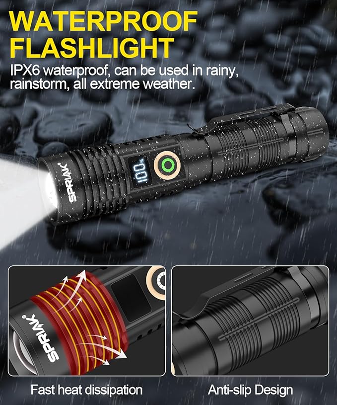 Rechargeable Flashlight High Lumens-12000LM Super Bright Magnetic Flash Light with Power Digital Display,3280Ft Long Range,Dimmable,Waterproof,Pocket Tactical LED Flashlights for Emergency Camping 2PC