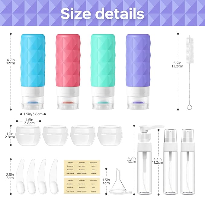 20 Pack Travel Bottles Set,Leak Proof TSA Approved Travel Size Containers, Silicone Squeezable Travel Essentials Jar Accessories for Conditioner, Shampoo, Lotion & Body Wash Accessories (Warm Color)