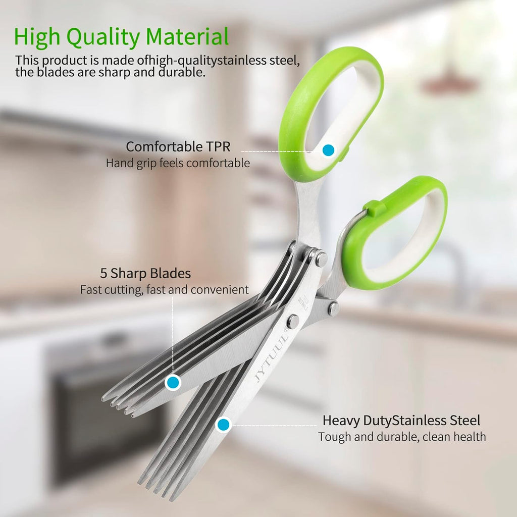 Herb Scissors, Multipurpose Sharp Kitchen Herb Cutter Shears with 5 Stainless Steel Blades, Safety Cover, Cleaning Comb, Cool Kitchen Gadgets for Cutting Fresh Garden Herbs, Dishwasher Safe