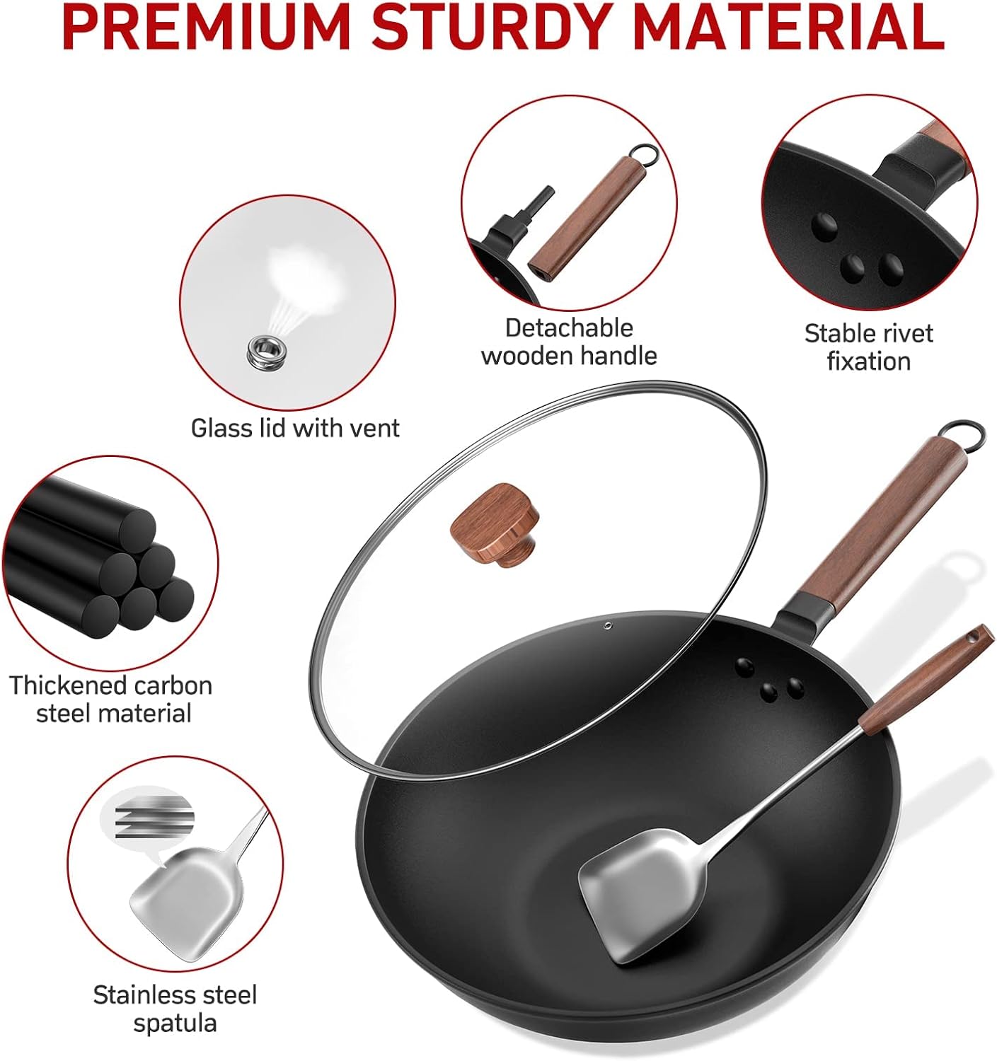 Carbon Steel Wok - Including Glass Cover and Steel Spatula, 13-Inch Woks & Stir-Fry Pans for Induction, Electric, Gas Stoves