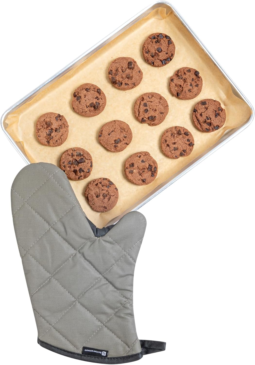 Restaurantware 13.7 x 8 Inch Heavy-Duty Oven Mitt 1 Flame Retardant Kitchen Glove - With Thumb Guard Hanging Loop Gray Cotton Quilted Oven Mitts Heat-Resistant For Cooking And Baking