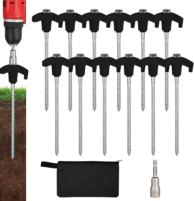 12 Pack Screw in Tent Stakes Heavy Duty,8 Inch Ground Anchors Screw in,Metal Stakes with Hex Head Driver,Camping Tent Accessories.(Black)