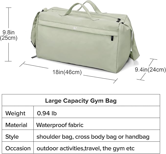 Sports Gym Bag for Women, Travel Workout Duffel Overnight Shoulder Bags with Shoes Compartment and Wet Pocket Lightweight Weekend Waterproof Mint Green
