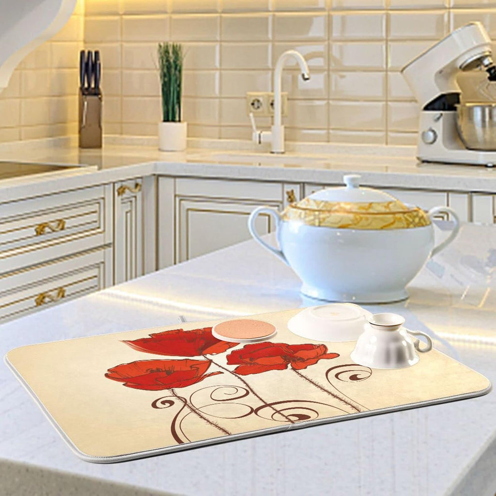 senya Super Absorbent Dish Drying Mat, Microfiber Fast-Drying Dish Mat, 16'' x 18'', Kitchen Dish Drying Pad, Red Poppy Flowers Retro, (g289343169p523c558s1113)
