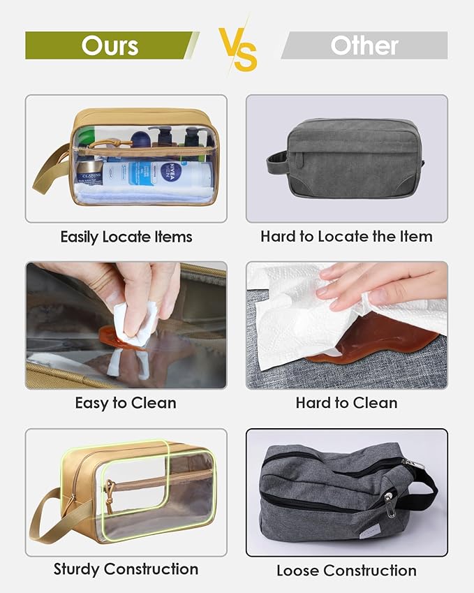 TACTICISM Clear Toiletry Bag for Men - Large Capacity Travel Bag with Handle, See Through Bag with 2 Pockets, Brown