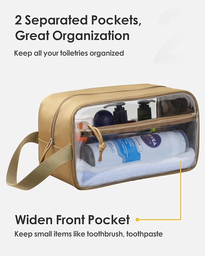 TACTICISM Clear Toiletry Bag for Men - Large Capacity Travel Bag with Handle, See Through Bag with 2 Pockets, Brown