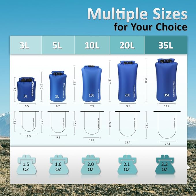 3-pack 30D Nylon Waterproof Dry Bag-Portable Waterproof Storage Sack for Kayaking, Hiking and Rafting-Roll Top Closure-Float on Water(5L/10L/20L,Blue)