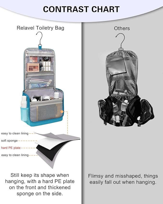 Relavel Toiletry Bag for Men, Hanging Travel Makeup Bag for Women, Waterproof Large Cosmetic Organizer Multiple Compartments for Accessories, Full Sized Toiletries, Dopp Kit Shaving Bag (Blue, Medium)