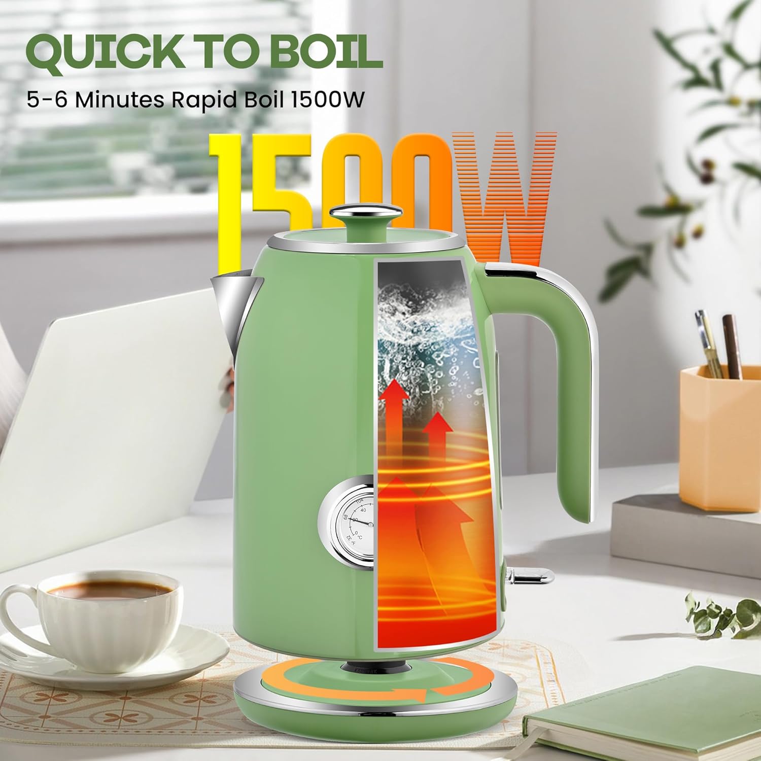 Pukomc Electric Kettle,1.7L Stainless Steel Electric tea kettle with Temperature Gauge, Fast Boiling, Auto Shut - off, BPA - Free, Boil - Dry Protection, (Retro Green)