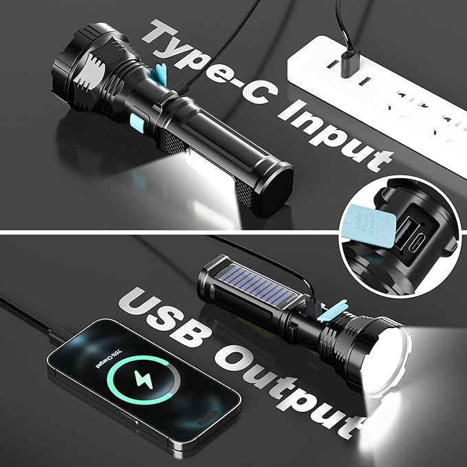 Solar/Rechargeable LED Flashlights, Multi Function Flashlight with 2000 mAh Battery, Emergency Strobe Light, Waterproof, Fast USB Charging, Survival Gear and Supplies for Camping, 4 Pack