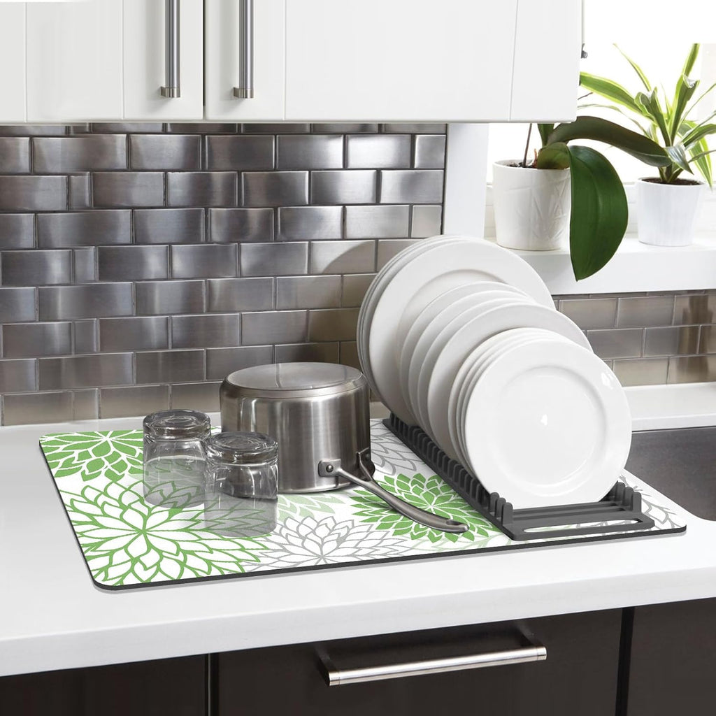 Findosom 2PCS 12" x 20" Dish Drying Mat & 24" x 5.5" Sink Splash Guard, Super Absorbent & Cuttable Dish Mat Drying Kitchen Mat with Green Floral, Hide Stain Drying Mat for Kitchen Counter