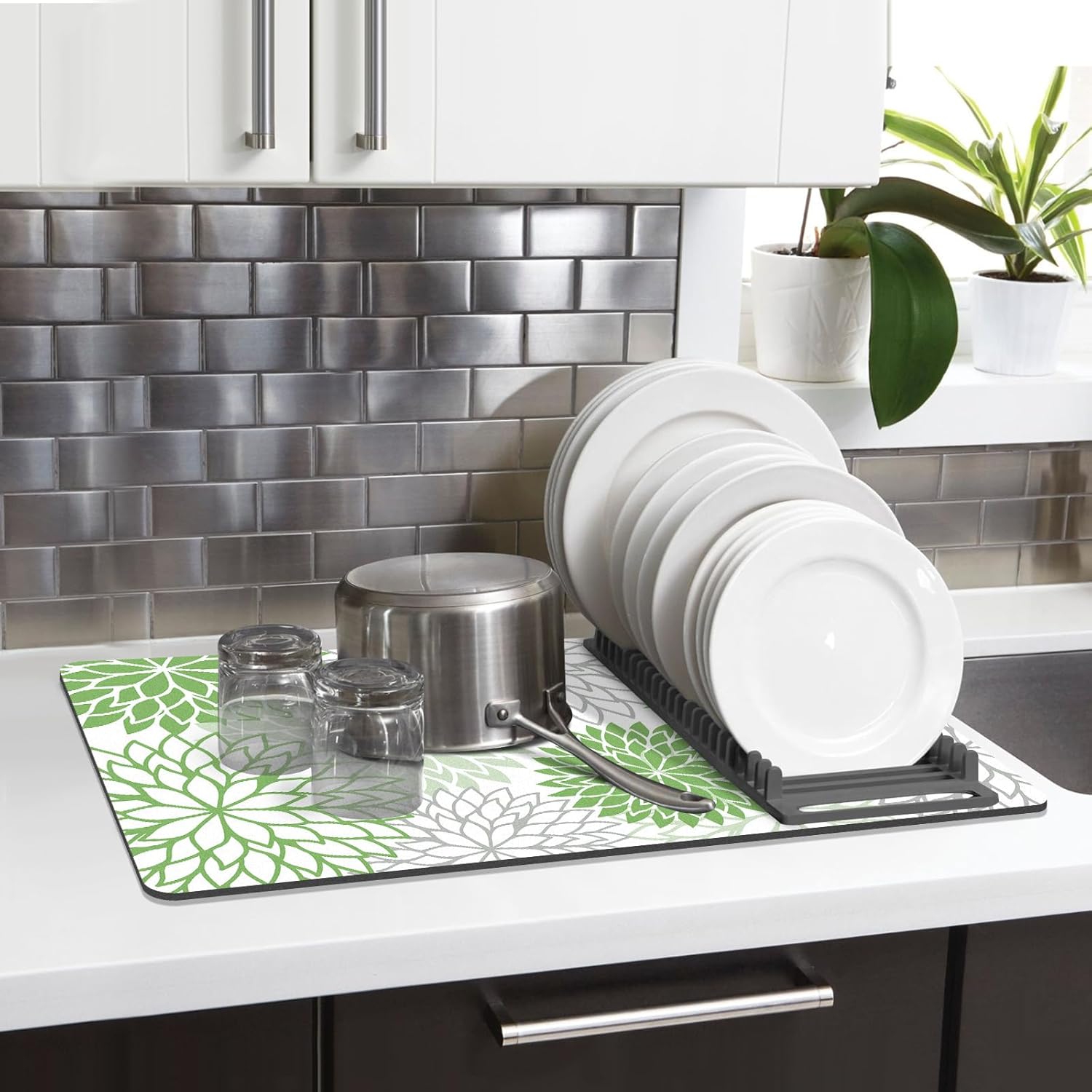 Findosom 2PCS 12" x 20" Dish Drying Mat & 24" x 5.5" Sink Splash Guard, Super Absorbent & Cuttable Dish Mat Drying Kitchen Mat with Green Floral, Hide Stain Drying Mat for Kitchen Counter