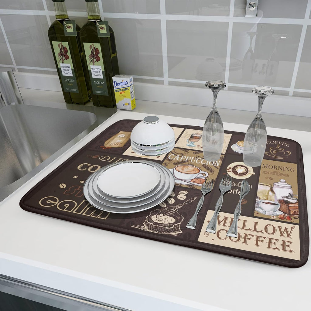 Brown Coffee Dish Drying Mat 18x24 Inch Coffee Cup Espresso Machine Pad Absorbent Washable Dish Rack Pad for Kitchen Counter Cafe Bar