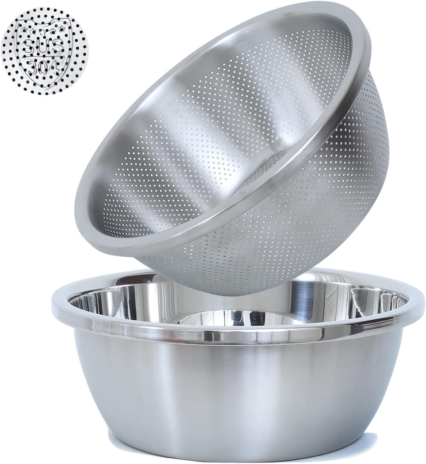 304 Stainless Steel Microporous Colander, 4.5QT Large Capacity with Mixing Bowl For washing vegetables, fruit and rice and for draining cooked pasta(2PC)