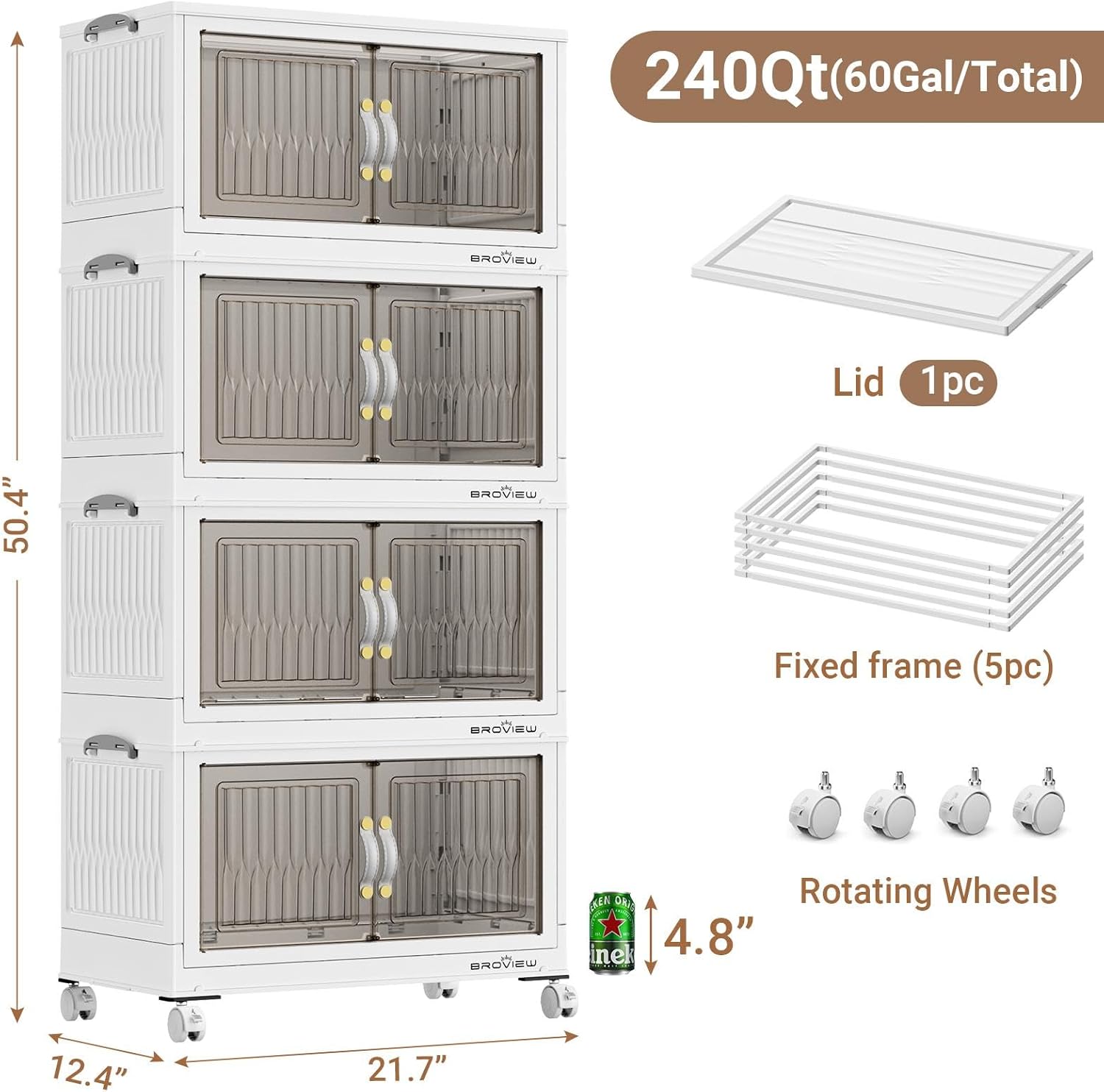 240Qt Stackable Storage Bins with Lid, Extra Large Closet Organizer Collapsible Drawer Boxes with Wheels, Folding Plastic Cabinet Containers for Home Kitchen Room Organization, 4Pack White