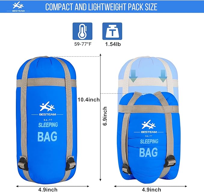 Warm Weather Sleeping Bag - Portable Waterproof Compact Lightweight, Packable for Kids, Teens Adults Camping Backpacking Hiking, Spring Summer Fall