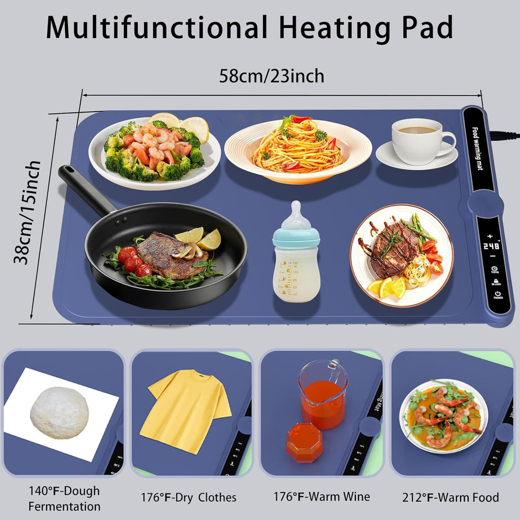 Warming Mat for Food, Rollable Electric Warming Trays for Food with 9 Temperature Settings, Heating Fastly in 10S, Food Warmer Using for Buffets Party and Home Daily, Blue